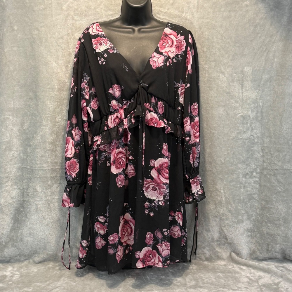 Xhilaration Womens Medium Black Pink Floral V-Neck Long Sleeve Ruffle Mini Dress